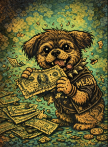 meany eating her money like it's the best treat ever 